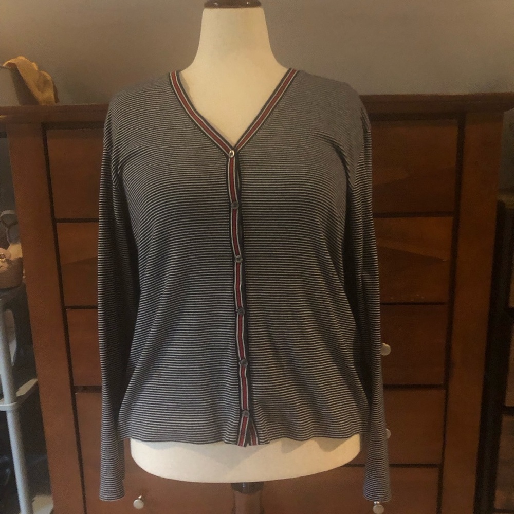Tommy Hilfiger White and Navy Striped Polo with Flag Logo